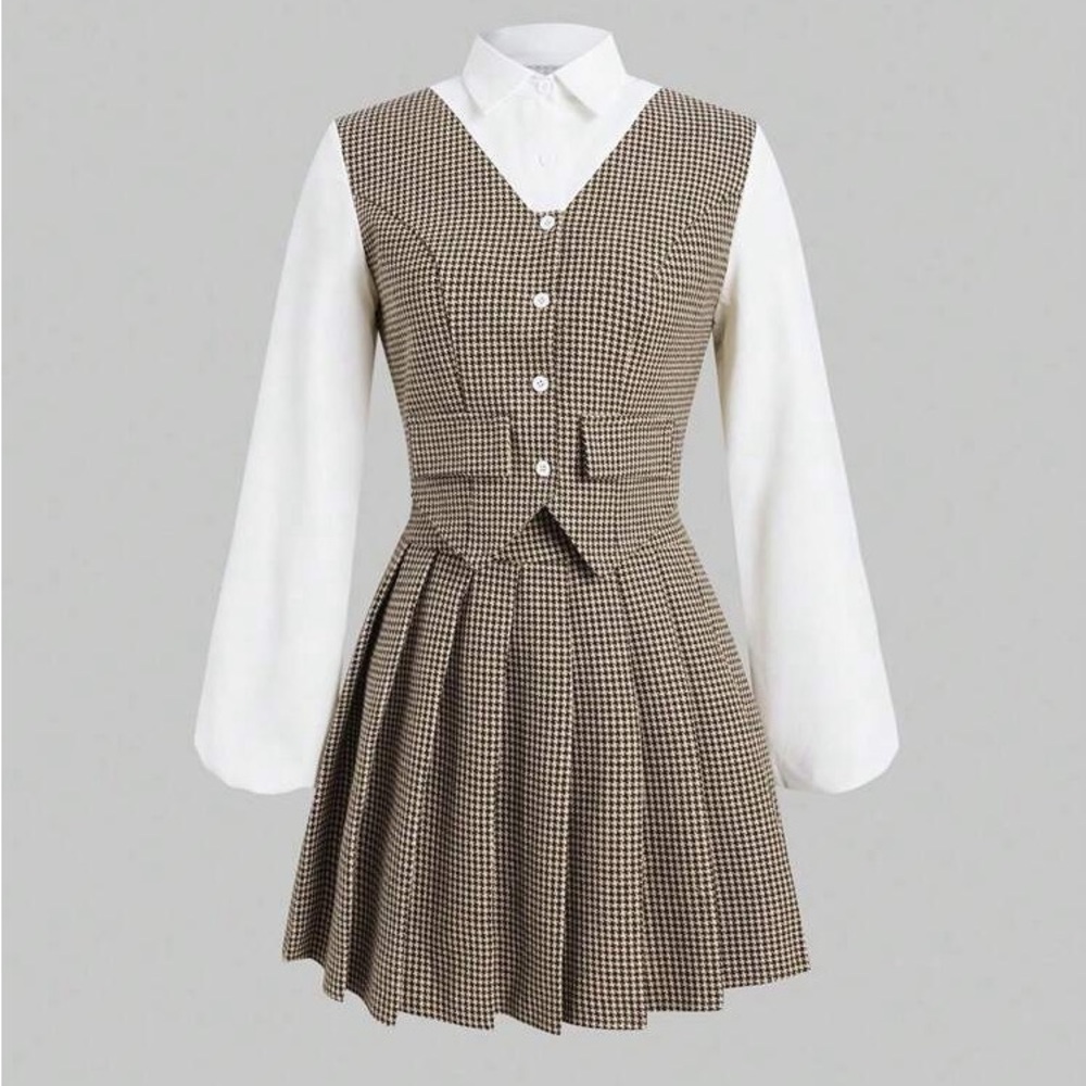 Houndstooth Academia Fashion 2 in 1 Top & Pleated Skirt Set Size Large 8/10